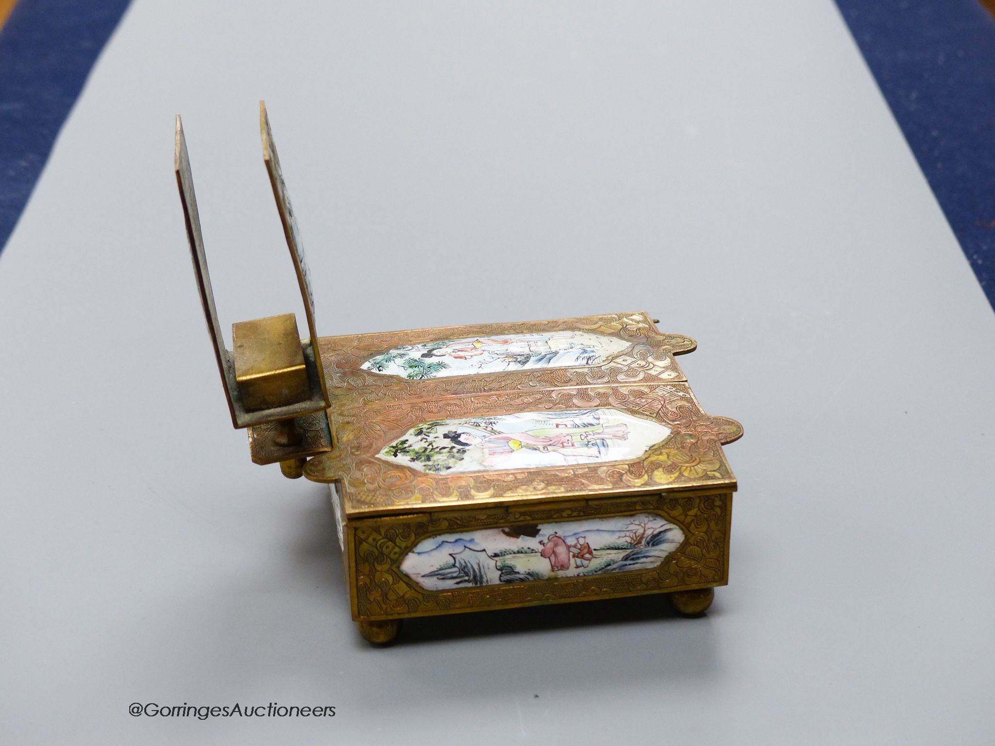 An early 20th century Chinese brass and enamel cigarette box and matchbox holder, 9 x 9cm